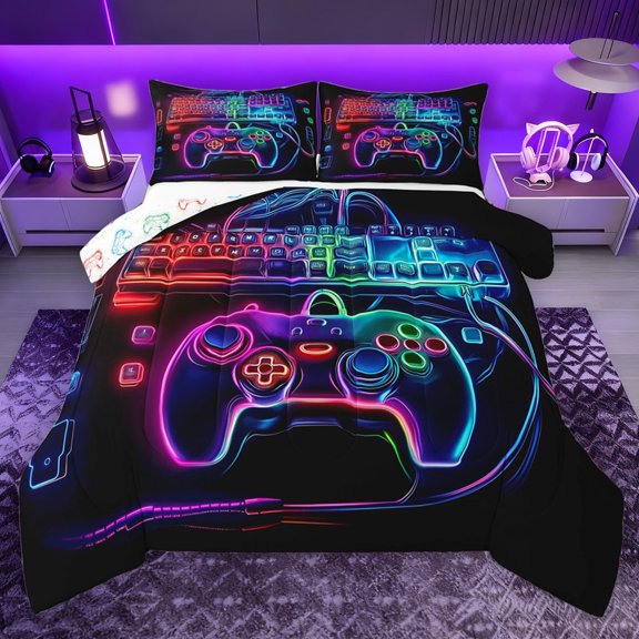 Erosebridal Gradient Game Console Queen Comforter Set for Boys, Gaming Gamer Bedding Comforter Set, Gamepad Reversible, 1 Comforter and 2 Pillowcases