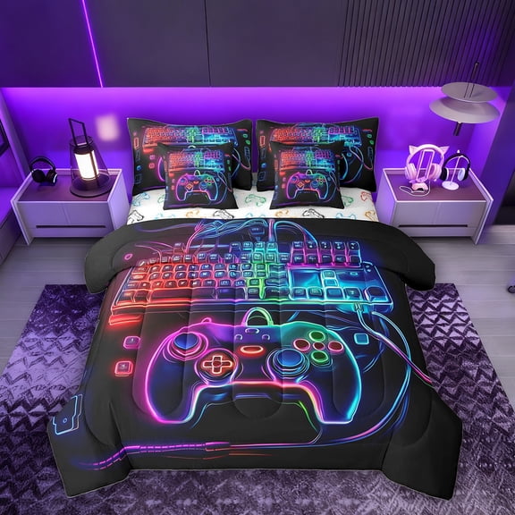 Erosebridal Gradient Game Console Twin Bedding Sets for Boys, Gaming Gamer Bedding Comforter Set, Gamepad Reversible, 7pcs