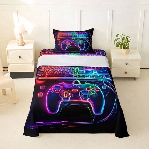 Erosebridal Gradient Game Console Twin Sheet Sets for Boys, Gaming Gamer Bedding, 1 Flat Sheet, 1 Fitted Sheet and 1 Pillowcase