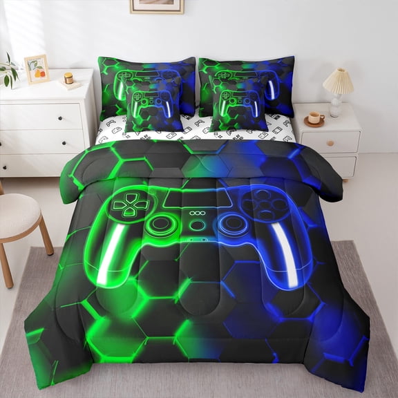 Erosebridal Gradient Gamepad Bed in a Bag Queen size, Abstract Geometric Bed Set, Gaming Reversible Bedding Queen Size, Lightweight Room Decoration, 7pcs