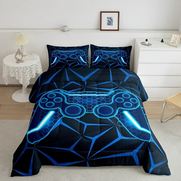 Erosebridal Gradient Gamepad Bedding Full Comforter Set, Blue Down Comforter, Neon Geometric Decor, Ultra Soft 3-Piece