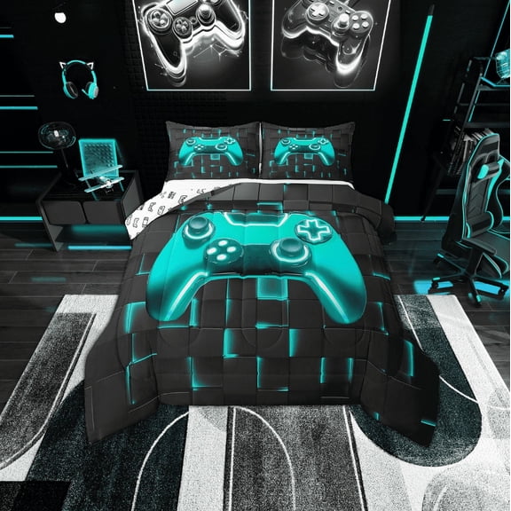 Erosebridal Gradient Gamepad Bedding Sets Twin with Comforter, Neon Cyan Futuristic Cubes Duvet Insert, Game Room Decoration, Reversible 2 Pieces