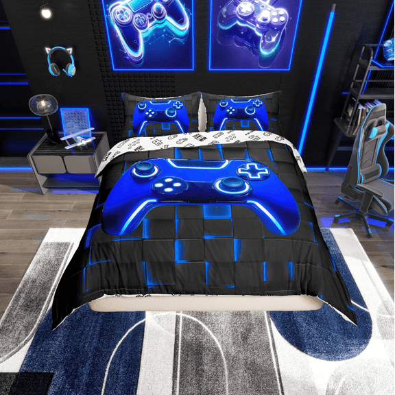 Erosebridal Gradient Gamepad Comforter Cover Twin, Neon Blue Futuristic Cubes Bedding Twin Size, Game Room Decor, Reversible 2pcs (No Comforter)