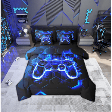 Erosebridal Gradient Gamepads Bedding Sets Twin Size,Video Game Comforter Sets with Sheets,Geometric Hexagon Bed in a Bag Twin size,Breathable Gamer Room Decor,Reversible,7-Piece