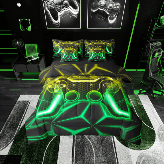 Erosebridal Gradient Gamepads Bedding Sets Twin Size,Video Game Comforter Sets with Sheets,Geometric Plaid Bed in a Bag Twin size,Microfiber Male Bedroom Decor,Reversible,7pcs