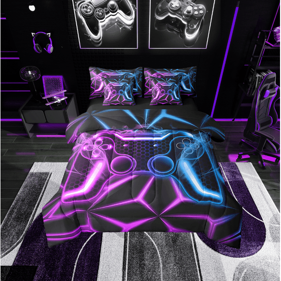 Erosebridal Gradient Gamepads Bedding Sets Twin Size,Video Game Comforter Sets with Sheets,Geometric Plaid Bed in a Bag Twin size,Microfiber Male Bedroom Decor,Reversible,7pcs