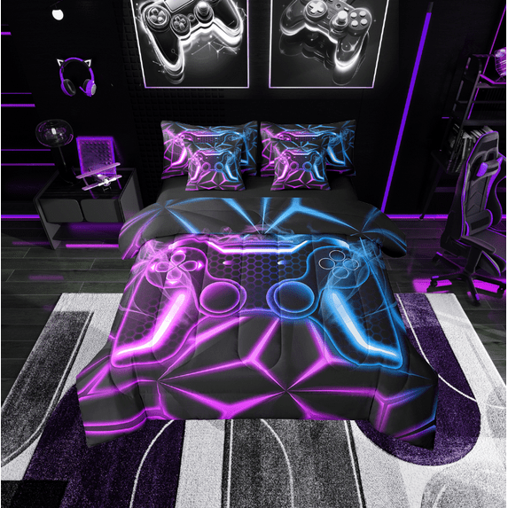 Erosebridal Gradient Gamepads Bedding Sets Twin Size,Video Game Comforter Sets with Sheets,Geometric Plaid Bed in a Bag Twin size,Microfiber Male Bedroom Decor,Reversible,7pcs