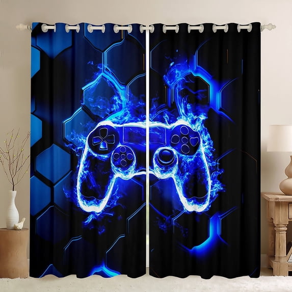 Erosebridal Gradient Gamepads Curtains Pack of 2 (42Wx63L),Video Game 30%-50% Black Out Curtains,Geometric Hexagon Curtains for Living Room,Gamer Room Decor