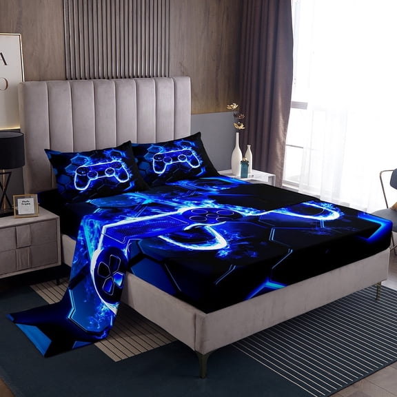 Erosebridal Gradient Gamepads Sheet Set Twin,Video Game Bedding Sets Twin Size,Geometric Hexagon Twin Sheet Sets,Breathable Gamer Room Decor,3pcs