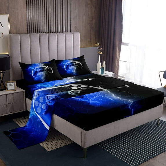 Erosebridal Gradient Gamer Bed Sheets Set Queen Size,Abstract Lightning Bedding Sets Queen Size,Geometric Hexagon Bed Sheets Queen,Breathable Gamepads Room Decorative,4-Piece