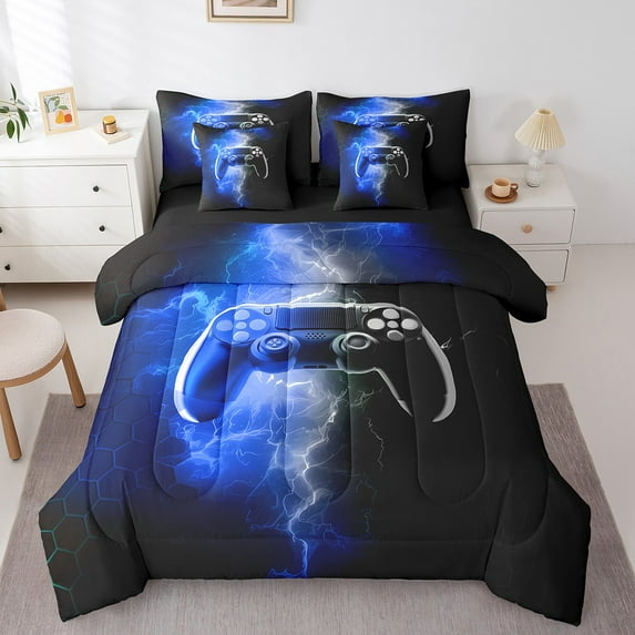 Erosebridal Gradient Gamer Bedding Sets King Size,Abstract Lightning Bed in a Bag King size,Geometric Hexagon Bedding King Size,Breathable Gamepads Room Decorative,Reversible,7-Piece