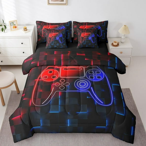 Erosebridal Gradient Gamer Bedding Sets Twin Size,Neon Gamepads Comforter Sets with Sheets,Video Game Bed in a Bag Twin size,Lightweight Geometric Room Decoration,Reversible,7pcs