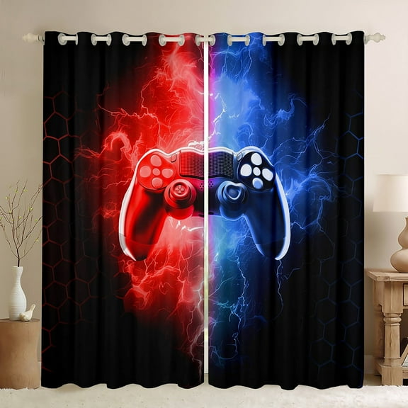 Erosebridal Gradient Gamer Curtains Pack of 2 (42Wx63L),Abstract Lightning Black Out Curtains,Geometric Hexagon Curtains for Living Room,Gamepads Room Decorative