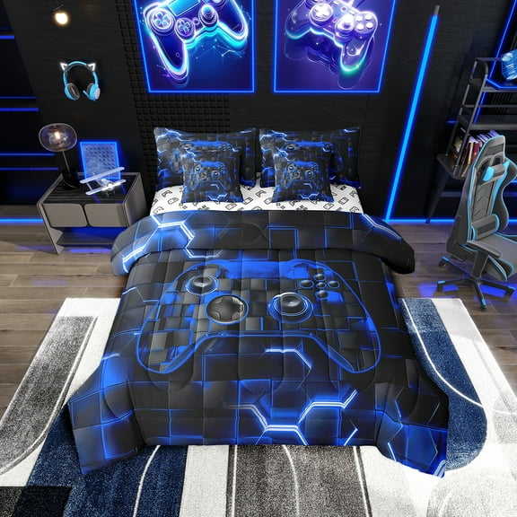 Erosebridal Gradient Geometric Bedding Twin Size, Gamepad Bed in a Bag Twin size, Game Player Decor, Reversible 7pcs