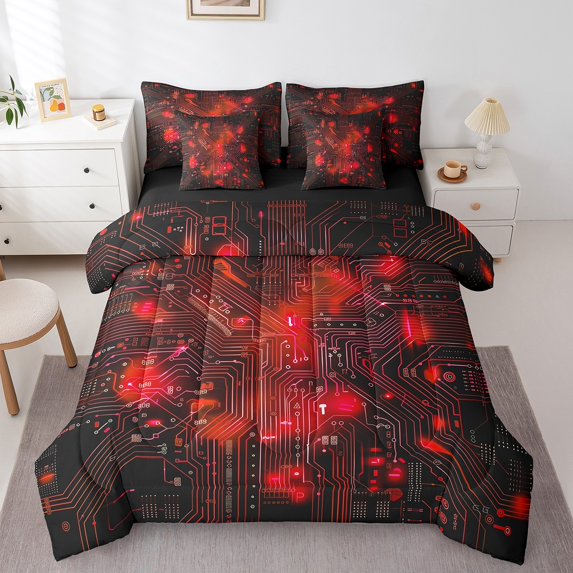 Erosebridal Gradient Geometric Bedding Sets King Size, Red Bedding Accessories, Circuit Print Decor, Reversible 7-Piece