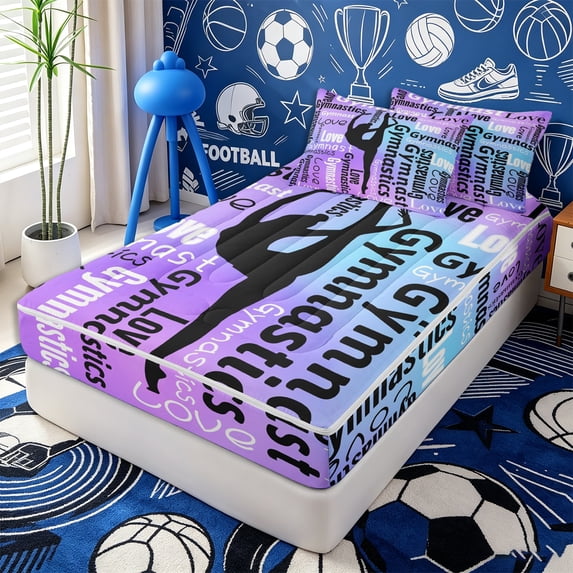 Erosebridal Gradient Gymnast Print Zipper Full Size Comforter Sets with Fitted Sheet and 2 Pillowcases,Black Dancer Silhouette Blue Purple Tone Accent Zipper Bedding Set,Violet Cyan,4pcs,Reversible