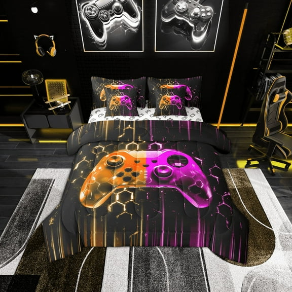 Erosebridal Gradient Orange Pink Gampad Bed in a Bag Twin Size, Gamer Game Bed Set for Teens Bedroom Decor, Reversible 7 Pieces