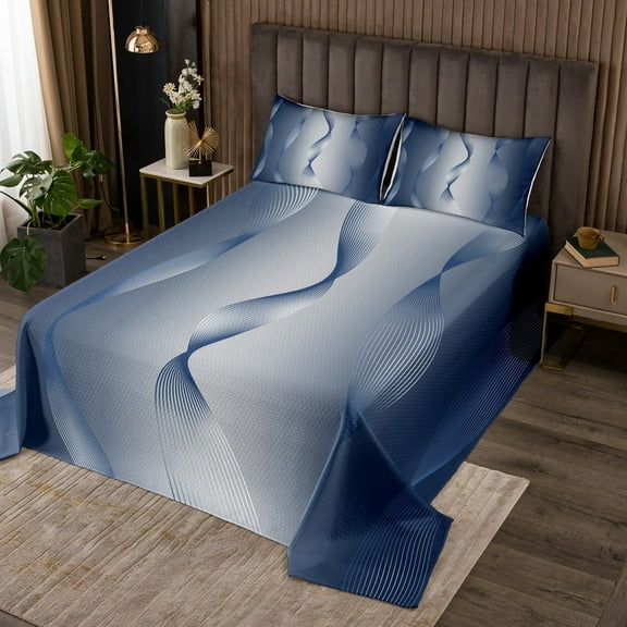 Erosebridal Gradient Pastel Blue and White Bedspread Set ,Irregular Silver Stripe Wave Line Coverlet Set Ombre Quilt Set King,Abstract Art Room Decor Aesthetic