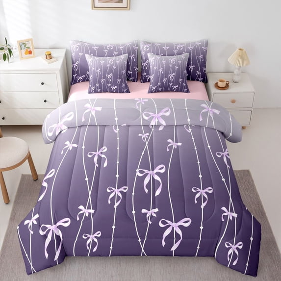 Erosebridal Gradient Purple Bow Bedding Comforter Set 7-Piece For Teens,Girls Geometric Swirl Stripes King Bedding Sets,Pink Reversible