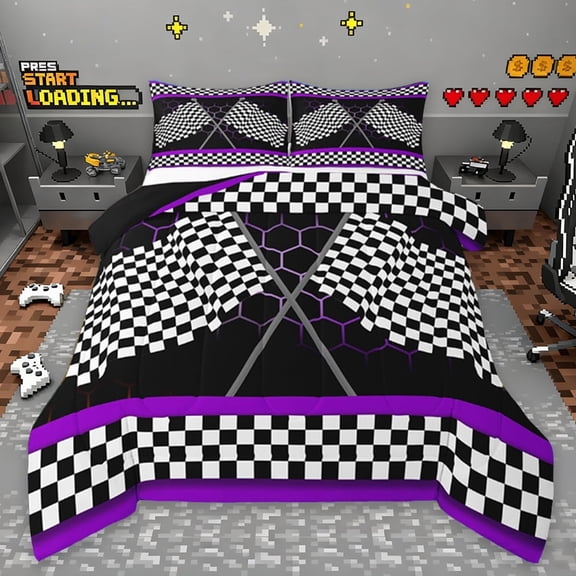 Erosebridal Gradient Purple Honeycomb Bedding Twin Comforter Set, Sports Car Flag Down Comforter,Youth Teens Game Bedding Sets Twin With Comforter,Ultra Soft Room Decorative,2 Pieces Reversible