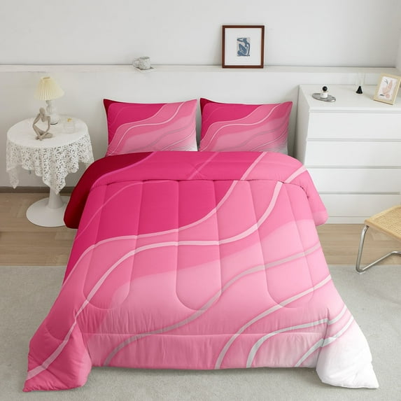 Erosebridal Gradient Stripes Ombre Bedding Comforter Sets, Pink Red Gradient Bedding Abstract Ocean Waves Comforter Set , Watercolor Print Duvet Insert Queen Size