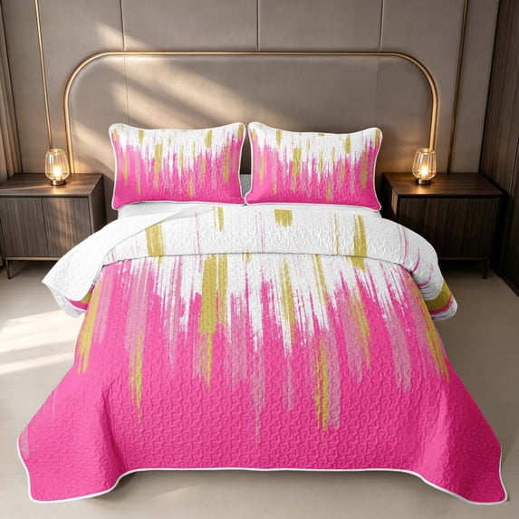 Erosebridal Gradient Watercolor Quilt King, Vintage Abstract King Coverlet Set, Hot Pink White Gold, Pink Reversible 3-Piece 1 Bedspread and 2 Pillowcases
