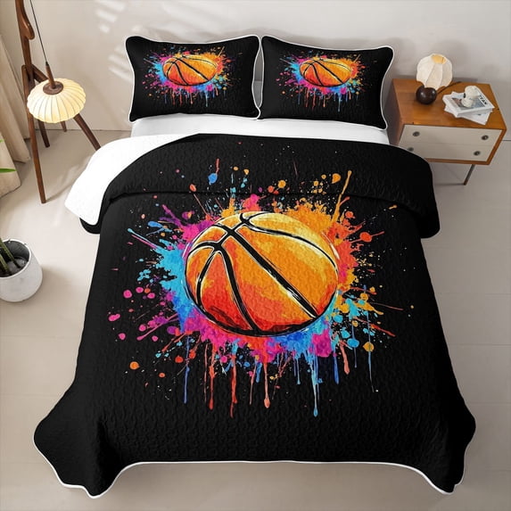 Erosebridal Graffiti Basketball Quilt King for Boys Men, Paint Splash Print King Coverlet Set, 3 Pieces