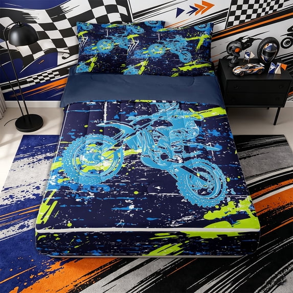 Erosebridal Graffiti Dirt Bike Pattern Zipper Full Size Comforter Sets with Fitted Sheet and 2 Pillowcases,Paint Splash Print Zipper Bedding Set,Navy Blue Cyan,Navy Blue Reversible