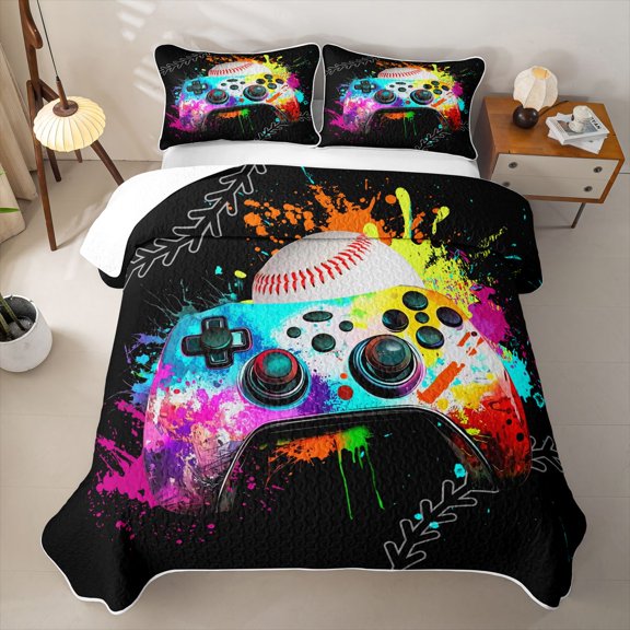 Erosebridal Graffiti Game Controller Twin Quilt Set,Ball Splash Sport Twin Coverlet Set For Boys,2 Pieces