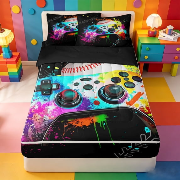 Erosebridal Graffiti Game Controller Zipper Queen Comforter Set with Fitted Sheet and 2 Pillowcases,Ball Splash Sport Zipper Bedding Set For Boys,Black Reversible,4pcs