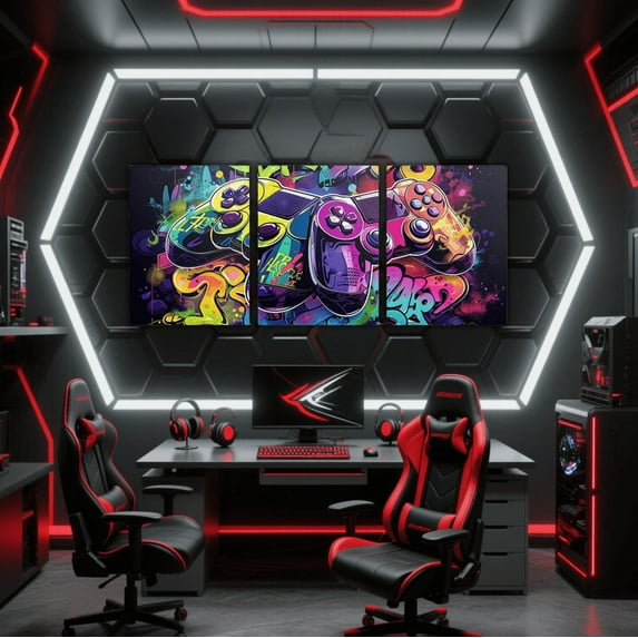 Erosebridal Graffiti Gamepad Canvas Wall Art Set of 3, Gaming Gamer Framed Wall Art for Living Room, Splash Decorative