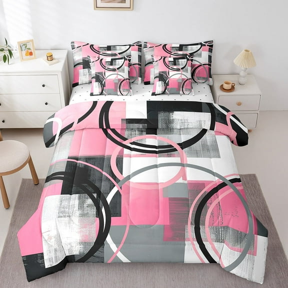 Erosebridal Graffiti Geometric Circle Bedding Queen Size,Modern Aesthetic Art Comforter Sets with Sheets,Pink Black Gray Bedding Sets Queen Size,Breathable Room Decoration Reversible,7pcs