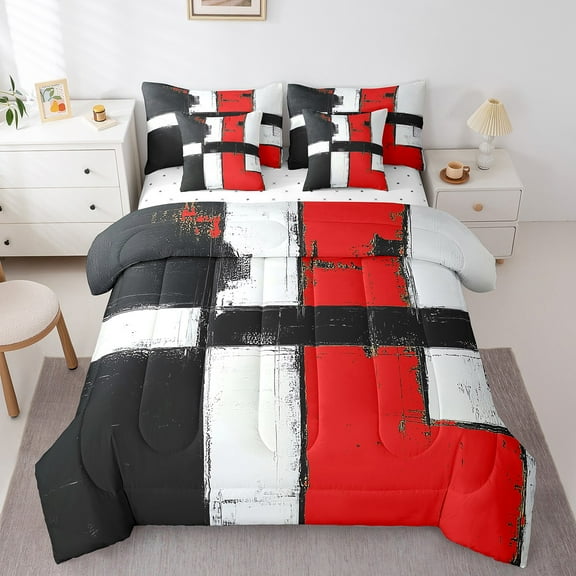 Erosebridal Graffiti Geometric Lines Bedding Sets King Size,Modern Aesthetic Art Comforter Sets with Sheets,Black White Red Bed in a Bag King Size,Breathable Room Decoration Reversible,7-Piece