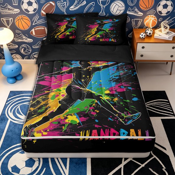Erosebridal Graffiti Handball Player Pattern Zipper Twin Comforter Sets with Fitted Sheet and 2 Pillowcases,Paint Splatter Print Zipper Bedding Set,Black Pink Blue Yellow,Black Reversible
