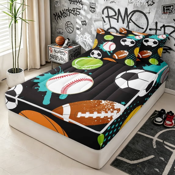 Erosebridal Graffiti Sports Ball Zipper Queen Comforter Set with Fitted Sheet and 2 Pillowcases for Boys Men, Paint Splash Print Zipper Bedding Set, Black Reversible, 4 Pieces