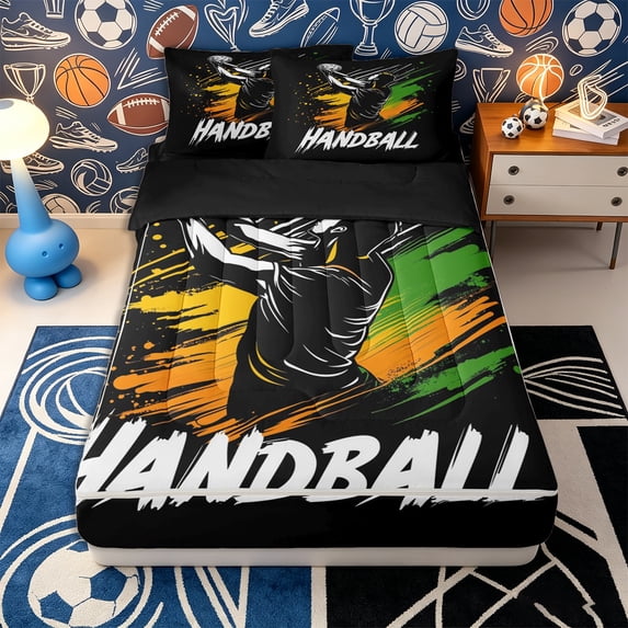 Erosebridal Graffiti Sports Pattern Zipper Queen Comforter Set with Fitted Sheet and 2 Pillowcases,Handball Player Print Zipper Bedding Set,Black Orange Green,Black Reversible