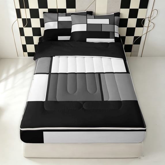 Erosebridal Gray Abstract Block Zipper Twin Comforter Sets with Fitted Sheet and 2 Pillowcases for Women Men, Rectangular Buffalo Print Zipper Bedding Set, Black Reversible, 4-Piece