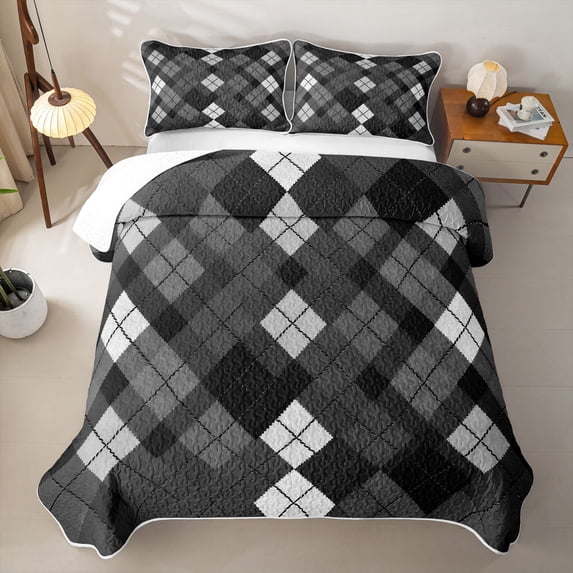 Erosebridal Gray Black Plaid Quilt Full,Patchwork Geometric Rhombus Full Bedspread Sets For Boys,3-Piece