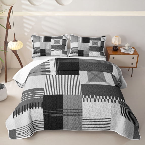 Erosebridal Gray Block Patchwork Bed Spread Queen for Boys Girls, Abstract Line Print Queen Coverlet Set, 3-Piece