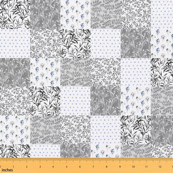 Erosebridal Gray Blue Botanical Patchwork Fabric by the Yard 1 Yard, Leaf Flower Dot Pattern Home Decor Fabric by the Yard
