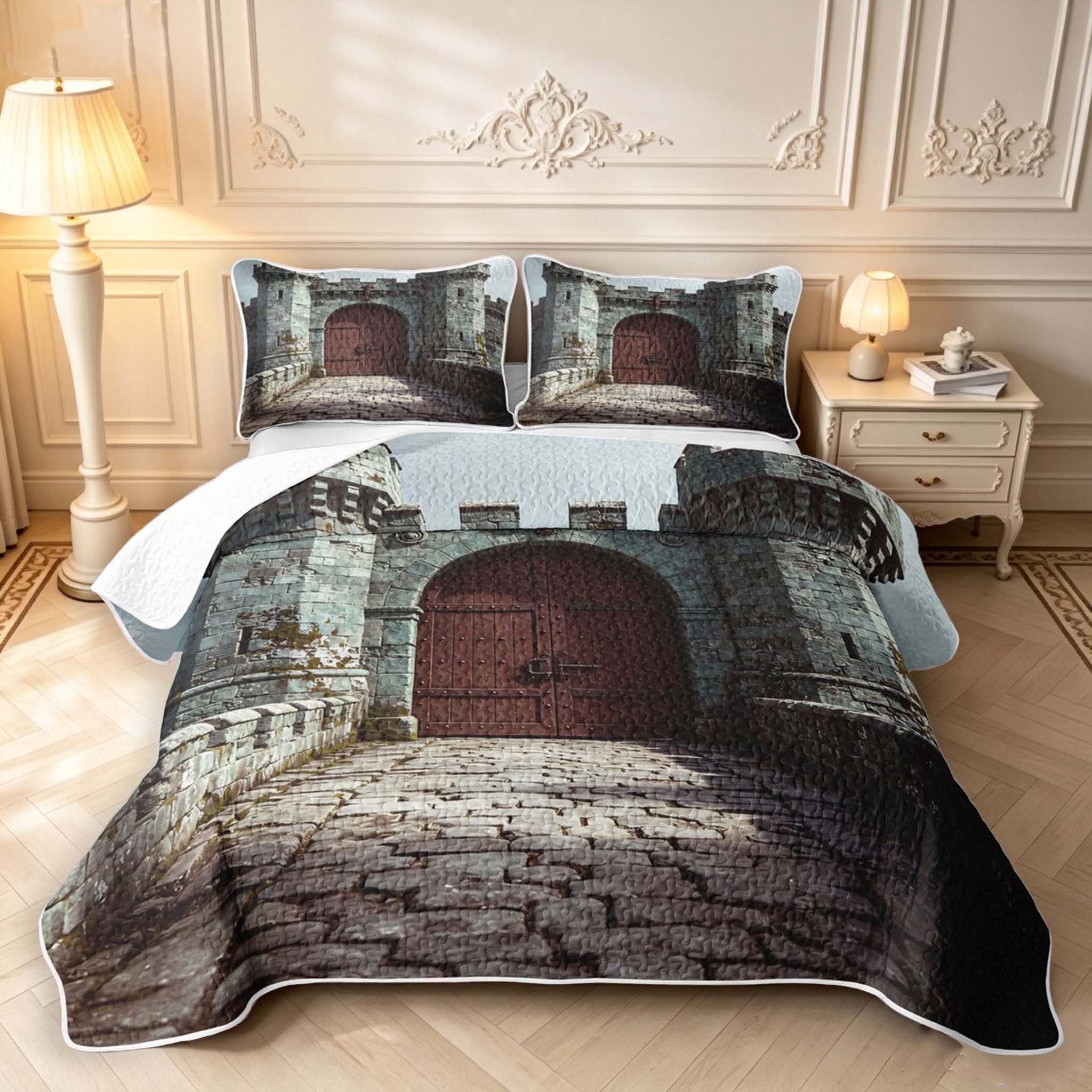 Erosebridal Gray Castle Gate Quilt Full,Vintage Drawbridge Full ...