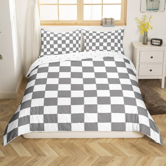 Erosebridal Gray Checkered Duvet Cover Full White Grey Checkerboard Grid Bedding Set,Geometric Buffalo Plaid Comforter Cover Teen Adults Men Gingham Bed Set(No Comforter)