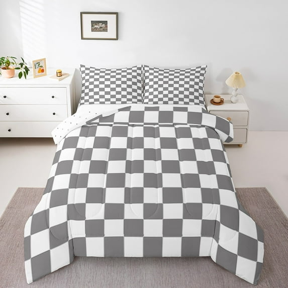Erosebridal Gray Checkered Quilt Set Queen White Grey Checkerboard Grid Bedding Set,Geometric Buffalo Plaid Comforter Set Gingham Bed Set Modern Room Decor