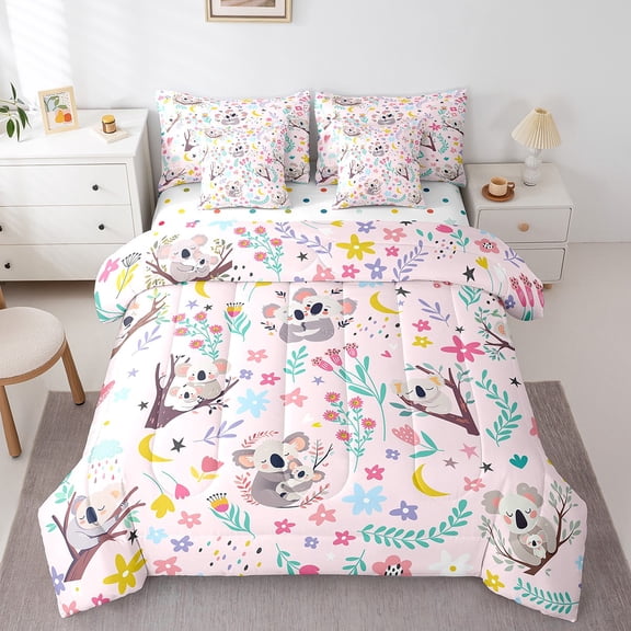 Erosebridal Gray Cute Koala Bedding Full Size,Colorful Botanical Floral Bed Set,Jungle Animal Bedding Sets Full Size,Ultra Soft Bedroom Decor Reversible,7pcs