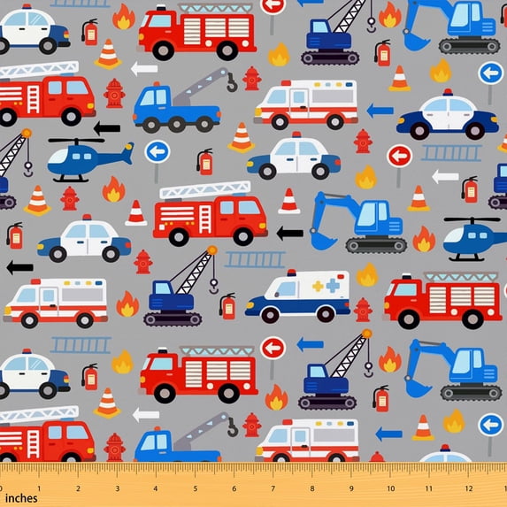 Erosebridal Gray Emergency Vehicle Fabric by the Yard 1 Yard, Fire Truck Excavator Home Decor Fabric by the Yard