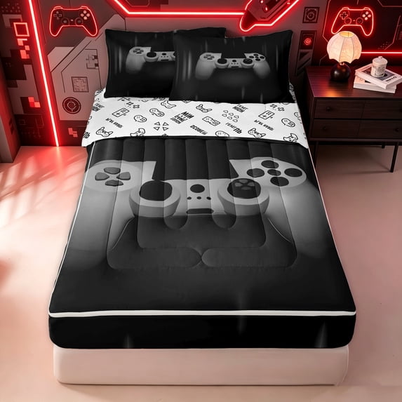 Erosebridal Gray Game Controller Zipper Twin Comforter Sets with Fitted Sheet and 2 Pillowcases for Boys Men, Video Gaming Lover Zipper Bedding Set, Gamepad Reversible, 4pcs