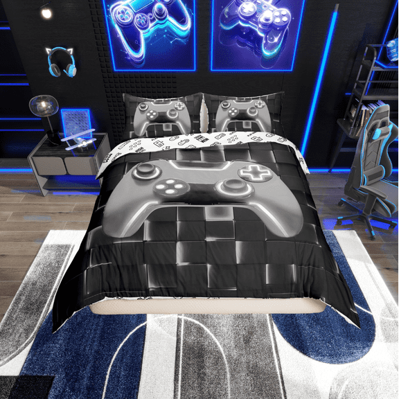 Erosebridal Gray Gamepad Comforter Cover Twin, Neon Light Geometric Square Bedding Twin Size, Gaming Bedroom Decor, Reversible 2pcs (No Comforter)