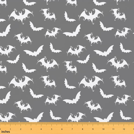 Erosebridal Gray Halloween Bat Fabric by the Yard 1 Yard, White Scroll Swirl Pattern Home Decor Fabric by the Yard