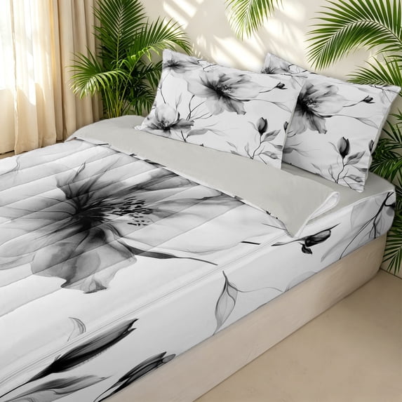 Erosebridal Gray Magnolia Zipper Twin Comforter Sets with Fitted Sheet and 2 Pillowcases for Girls, Watercolor Floral Plant Zipper Bedding Set, Gray Reversible, 4pcs