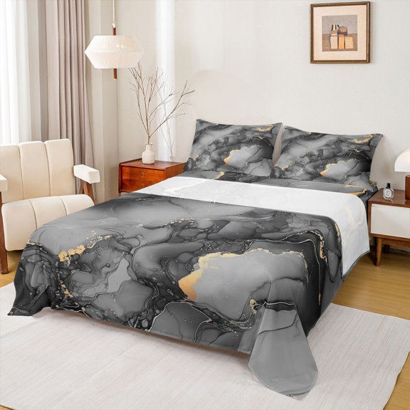 Erosebridal Gray Marble Full Size Sheets, Gold Metalic Bed Sheets, 1 Flat Sheet, 1 Fitted Sheet and 2 Pillowcases